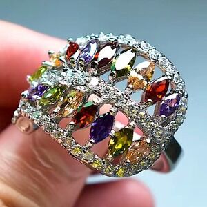18K Gold Plated Rainbow Ring, Marquis Cut, Zircon, Multicolor